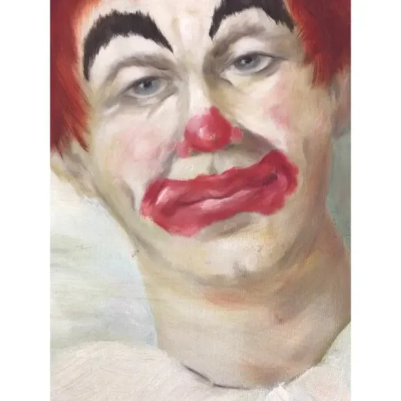 Vintage Signed Sad Clown Oil Painting by WREN ’79 Framed Original Artwork MCM